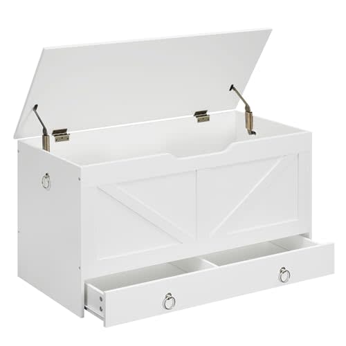 HOOBRO Storage Chest, 39.3" Toy Chest with Drawer, Wooden Storage Bench, Sturdy Entryway Bench Supports 220 lb, Shoe Bench, Safety Hinge, U-Shaped Opening, Easy Assembly, White WT710CW01G1