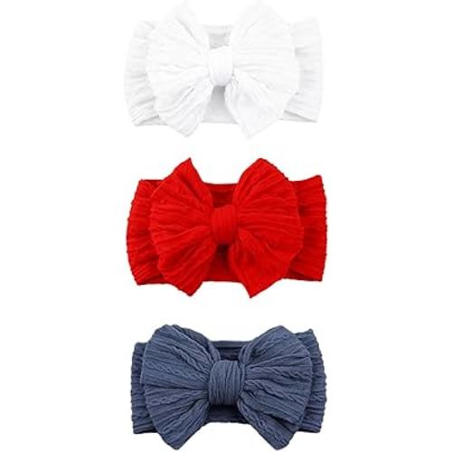 3 Pcs Baby Bows Headbands Nylon Hairbands Baby Girl Bows Hair Accessories For Infant Toddler Essentials (Red Blue White, Mid)