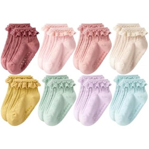 HONGTEYA 8 Pairs Non Slip Grip Ruffle Socks Cotton Newborn Baby Toddler Ruffle Grip Ankle Socks for Infant Girls