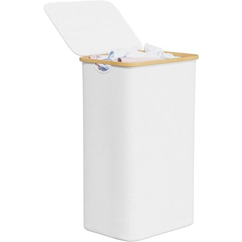 SpaceAid Laundry Hamper with Lid, 110L Large Tall Clothes Basket Bin with Bamboo Handles, Collapsible Laundry Hamper for Bedroom, Bathroom, Dorm, Laundry Room - White