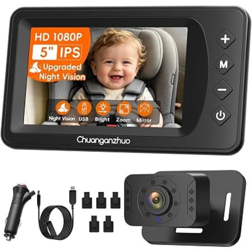 Baby Car Camera with HD Night Vision & 5" 1080P IPS Monitor for Rear Facing