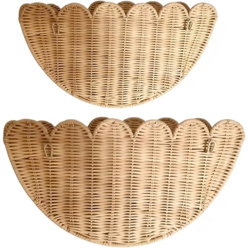 Handwoven Scalloped Wall Basket, 2Pcs Natural Rattan Hanging Wicker Baskets for Wall Storage & Decor, Boho Farmhouse Wall Basket Decor for Bathroom, Living Room, Nursery(16" & 14") (Natural)