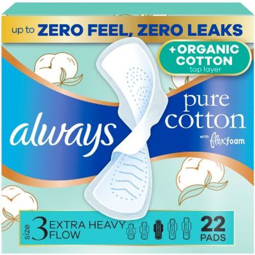 Always Pure Cotton With Organic Cotton Top Layer, Extra Heavy Flow FlexFoam Pads - Size 3 - 22ct