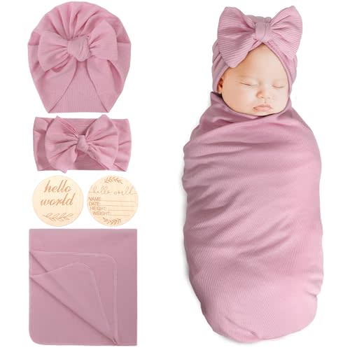 Newborn Receiving Blanket with Bow Hat Mittens Wooden Card Set | 1 Set of Swaddles for Newborn Receiving Blankets Cotton Adjustable Nursery Swaddle Wrap for Baby Boy Girl Infant 0-3 Months