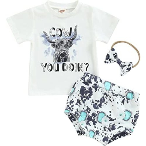 Fernvia Western Toddler Baby Girl Clothes Letter Short Sleeve T-Shirt Top + Tassel Shorts Outfits + Headband 3Pcs Set