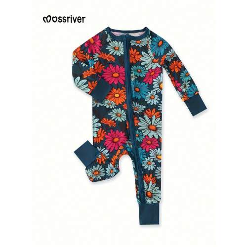 MOSSRIVER Baby Girls Bamboo- Soft Long Sleeve One-Piece With Multicolor Daisies Print, Footies & Mittens, Zipper | SHEIN USA
