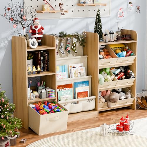 IKALIFE Kids Toy Book Storage Organizer - Large Bookshelf with 7 Removable Bins, Baby Bookshelf and Toy Storage, 4-Tier Book Shelf for Kids Room, Playroom, Classroom, 51 inch, Burlywood