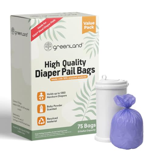 Greenland® Diaper Pail Bags, 75 Count, 13 Gallon, Compatible with Ubbi® Diaper Pail, Fresh Powder Scent, Made with 20% Recycled Material, Strong & Leak-Resistant