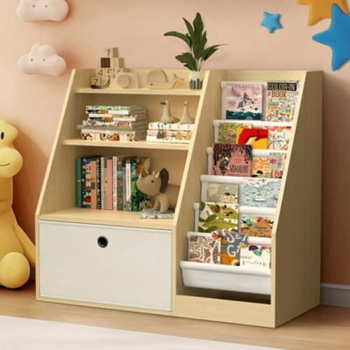 Masiis 4 Tier Teenager Bookshelf, Teenager Bookcase Youngster Bookshelves Natural Toy Storage Organizer with 6 Layer Sling Bookcase for Playroom Teenager Room, Pull-Out Drawers