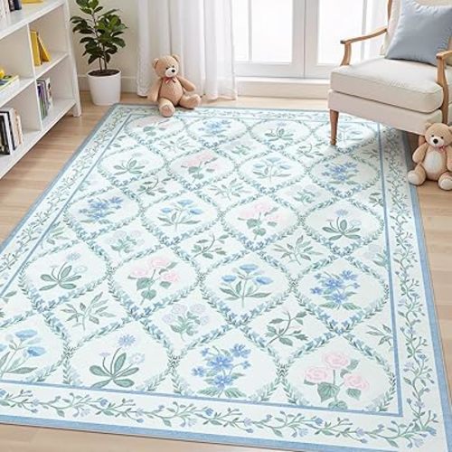 Blue Nursery Rug for Baby Girl, 5x7 Washable Boho Floral Area Rug for Living Room, Cute Ultra-Thin Non Slip Indoor Girls Room Decor Carpet for Nursery Kids Room Bedroom Playroom Dorm