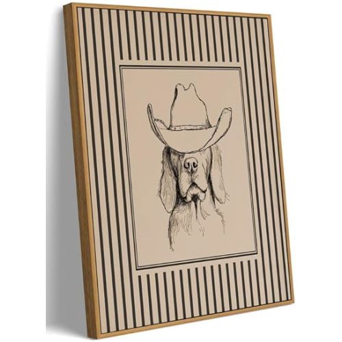 Vintage Western Cowboy Wall Art Dog Whimsical Framed Canvas Print Rustic Southwestern Decor, Cocker Spaniel Cowboy Wearing Hat Sketch Artwork for Bathroom Bedroom Living Room, 8x10 Inch