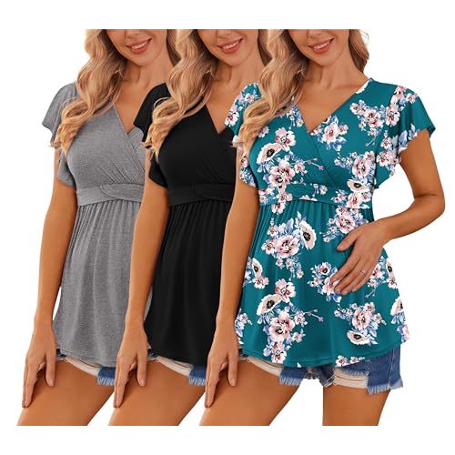 Ekouaer Maternity Shirts 3 Packs Nursing Tops Pregnancy Clothes | Flying Short Sleeve Maternity Tops,Stretchy Nursing Shirts for Breastfeeding,Casual Pregnancy Workout Tops