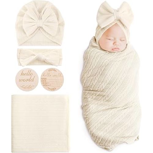 DRESHOW BQUBO Baby Swaddle Blankets for Girls, 4PCS Newborn Accessories Set with Matching Hat and Bow Headband with Hello World Wooden Birth Announcement Card