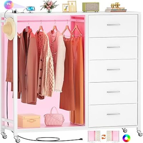 Cyclysio Dresser for Bedroom with Clothes Rack, 5 Fabric Drawers Dresser with Charging Station & LED Lights, White Storage Chest of Drawers with Wheels, Wooden Top, Lockable Wheels, Closet, White