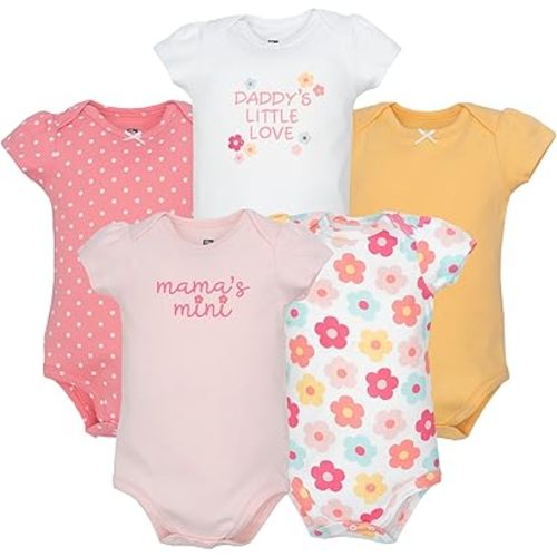 Hudson Baby Infant Girls Cotton Bodysuits 5-Pack, Cheerful Floral Mini, 0-3 Months