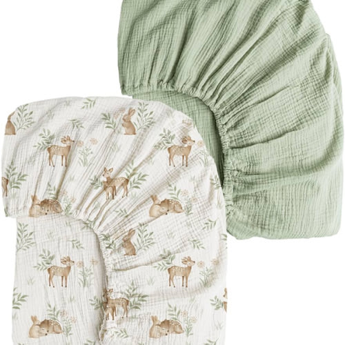 Konssy Muslin Crib Sheets 2 PCS, 100% Cotton Baby Crib Sheets for Standard Crib Mattress (28"x 52"), Soft and Breathable for Boys, Girls (Woodland,Sage)