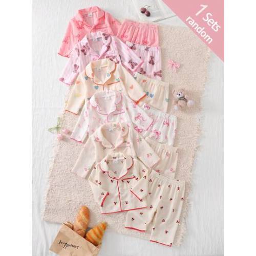 Newborn Home Wear Lounge Night Set Long Sleeve Cardigan + Pants Woven Fabric Cute Bear/Cherry/Bow/Tulip/Heart/Print Pattern Beige Fall Autumn/Winter | SHEIN USA