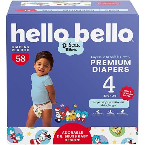 Hello Bello Dr. Seuss Babies Premium Diapers, Size 4, 58 Count: Softness & Protection for Sensitive Skin