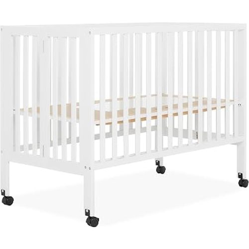 Dream On Me Quinn Full-Size Portable Baby Crib in White, GreenGuard Gold & JPMA, Patented Quick Fold System, Adjustable Mattress Support, Smooth Wheels, Compact Design, Safe Sleep Assurance