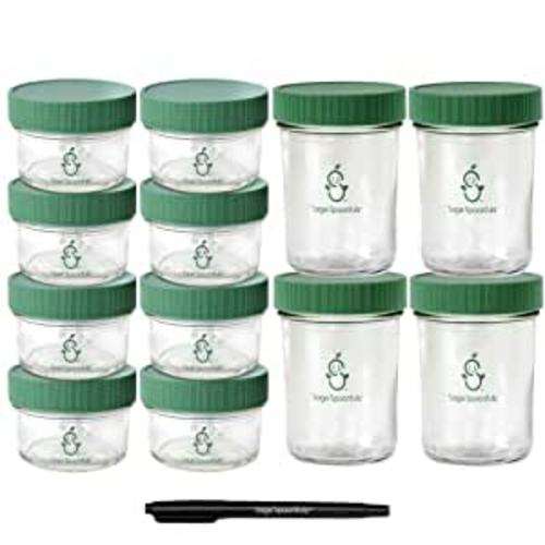 Sage Spoonfuls Glass Baby Food Containers with Lids - 12 Pack, 4 oz/8 oz Baby Food Jars, Freezer Storage, Durable & Leakproof, Reusable Glass Baby Food Containers, Microwave & Dishwasher Friendly