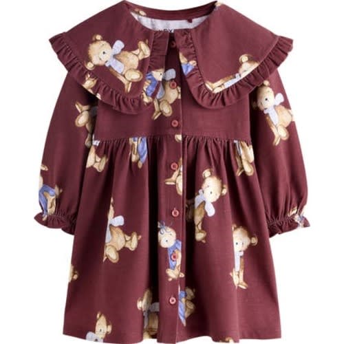 Kids' Teddy Bear Print Cotton Jersey Dress, 12-18M