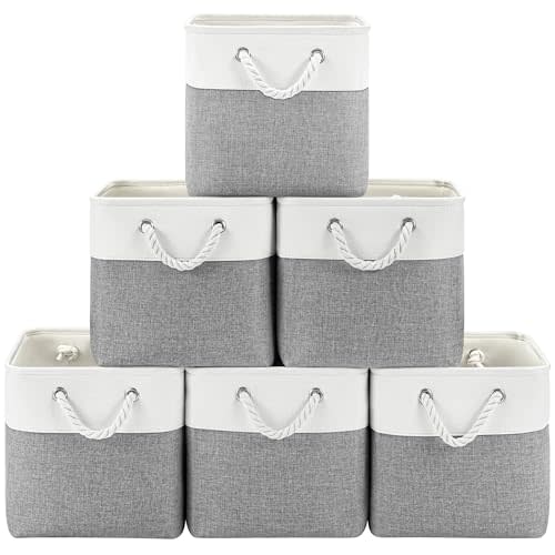 Patvingot 11 Inch Storage Cubes 6-Pack, Foldable Fabric Organizer Bins with Rope Handles, Cube Storage Baskets for Closet Shelves and Home Organization(White/Gray)