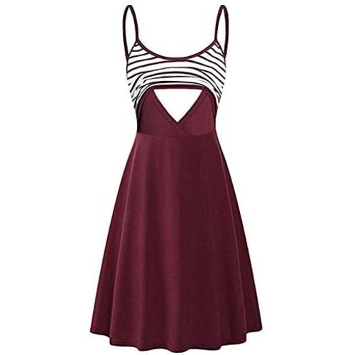 Striped Maternity Nursing Dress, M, Wine