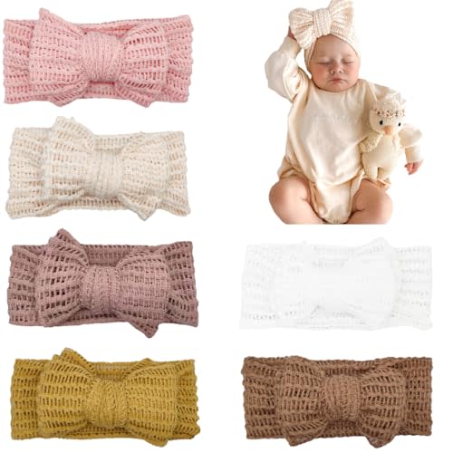 GEZISAN Handmade Baby Headbands Soft Stretchy Nylon Hair Bands with Bows for Newborn Infant Baby Toddler Girls- Pack of 6 (SYTLEA-01, MEDIUM)