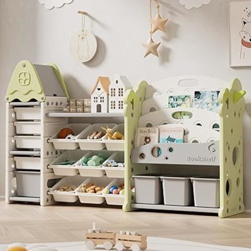 Pipleo Kids Toy Storage Organizer with 17 Removable Bins, 4-Tier Bookshelf for Kids, Multi-Purpose Castle-Shaped Toy Organizer for Playroom, Bedroom, Nursery, Living Room (Green)