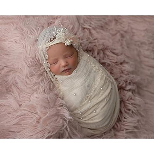 Newborn Baby Photography Props Newborn Photo Wrap Blanket for Infant Girl Pearl Decor Wrap Set with Headband (Pink)