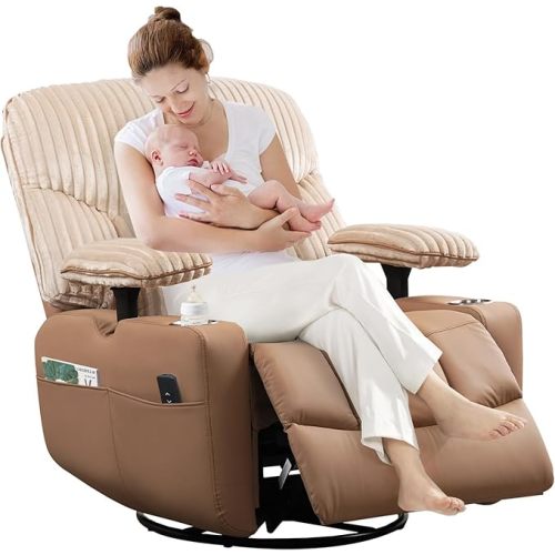 GRAINELL Rocking Chair Nursery, Electric Swivel Recliner Glider with Adjustable Armrests, Nursing Chair with USB Charger, Cup & Blanket Holders, Brown Corduroy & PU Leather