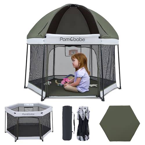 Pamo Babe Pop UP Playpen with Sun Protection Canopy - Outdoor & Indoor Play Yard for Babies and Toddlers - Baby Beach Tent with Zipper Gate, Green
