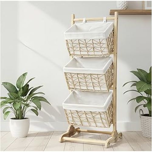 3-Tier Woven Floor Shelf with Baskets, Foldable wicker Storage Organizer, Multipurpose Rattan Rack for Bedroom Living Room Kitchen, Holds Clothes Toys Books Cans, Bohemian Home Decor