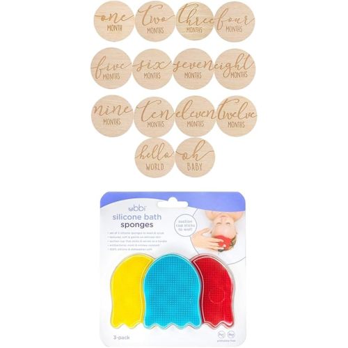 Pearhead Wooden Monthly Milestone Photo Cards - 7 Double-Sided Engraved Discs for Baby Announcement and Milestones, Gender-Neutral Photo Props for Newborn Boy and Girl, Light Wood