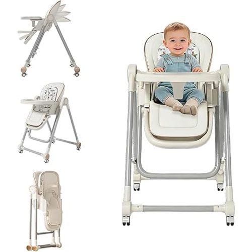 3-in-1 Foldable Baby High Chair with Locking Wheels – Adjustable Feeding & Swing Chair, Removable Tray, Detachable PU Cushion for Infants & Toddlers
