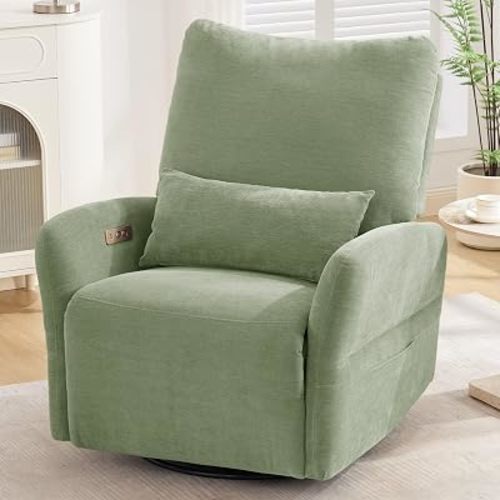 Korser Power Swivel Rocker Recliner Chair, Electric Nursery Rocking Chairs with USB & Type-C Ports, Upholstered 23" Wide Glider Chair with Lumbar Pillow for Living Room, Bedroom, Chenille, Green
