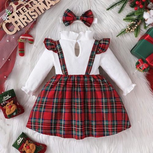 Christmas Toddler Girl Plaid Dress Long Sleeve Bow Patchwork Rib Ruffled Shirts Dress Baby Xmas Outfit