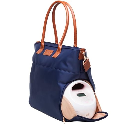 Sarah Wells Abby Breast Pump Tote with Real Leather Straps – Stylish Pumping Bag with Insulated Pockets, Laptop Storage & Easy-Clean Interior – Professional Breast Pump Bag for Work & Travel (Navy)