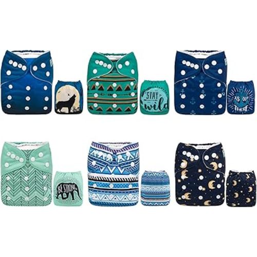 ALVABABY Baby Cloth Diaper 6 Pack with 12 Inserts One Size Cloth Diaper Covers Adjustable Washable Reusable for Baby Girls and Boys