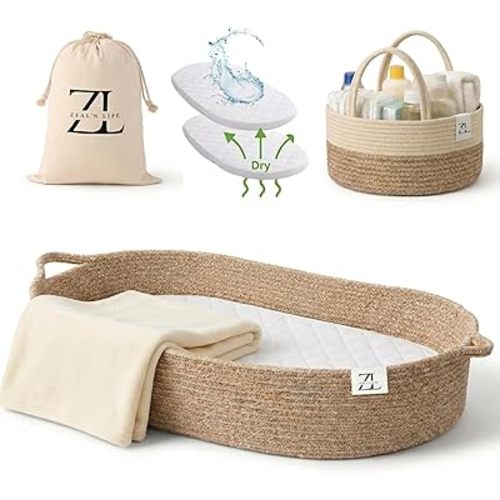 ZEAL'N LIFE Luxury 5-in-1 Baby Changing Basket Set – Portable Moses Basket with Waterproof Changing Pad, Diaper Caddy, Cozy Blanket & Tote Bag, Gift for Expecting Moms, Babies Moses Basket for Babies