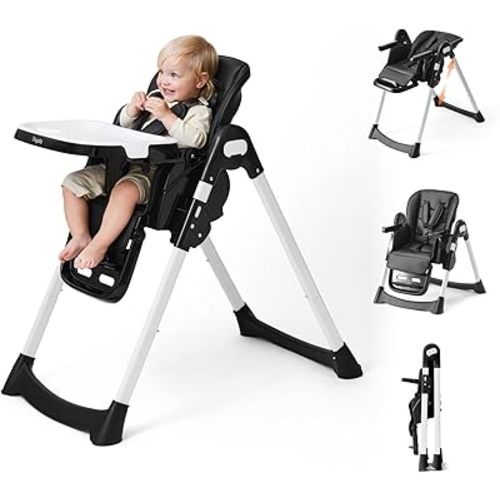 Tinyiota 4 in 1 High Chair for Babies and Toddlers with Wheels, 8-Height Adjustable & 3-Position Recline, Easy Clean, Dishwasher Removable Tray, Foldable HighChair for Infant, Meets ASTM Safety, Black