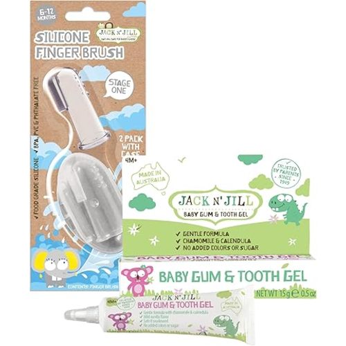 Jack N' Jill Natural Gum and Teething Relief Gel Plus Finger Toothbrush, Baby Gum and Tooth Gel Set - Infant Silicone Toothbrush 6 to 12 Months - 2-Pack Plus Case, 0.5 Fl Oz