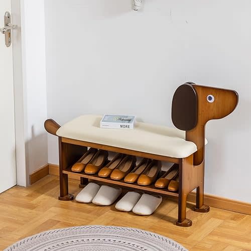 Shoe Bench with Cushion, 2-Tier Dog Entryway Bench Cute, Wood Shoe Rack Bench,31.5 inches