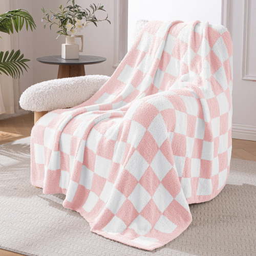 Exclusivo Mezcla Checkered Knit Throw Blanket, Ultra Soft Cozy Fluffy Checkerboard Blankets, Lightweight Fuzzy Plush Throw for Couch and Bed, Pink, 50"x60"