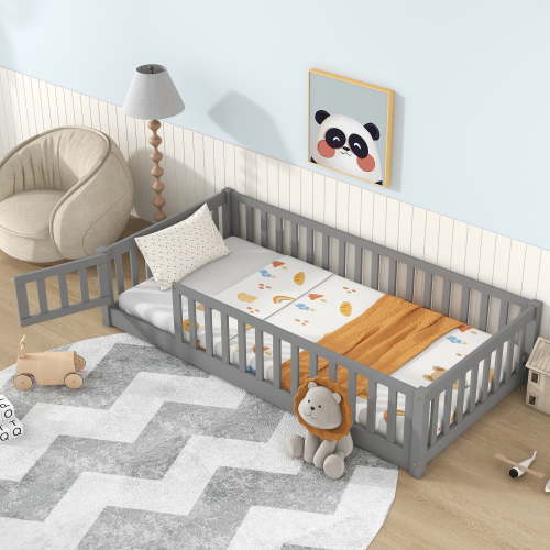 PAPROOS Twin Size Floor Bed, Solid Wood Toddler Bed with Slat, Fence Guardrail and Door, No Box Spring Needed, Montessori Bed, Twin Bed for Kids, Boys, Girls, Gray