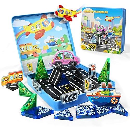 Mini Magnetic Tiles Road Travel Set with Iron Case, Portable STEM Building Toys for Kids, Creative City Traffic Construction Magnetic Blocks Educational Toy for Boys & Girls