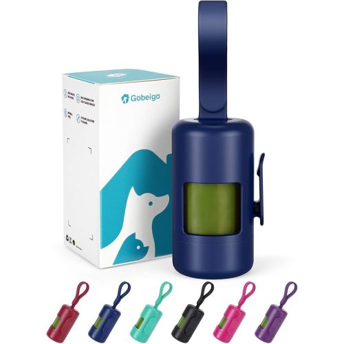 Gobeigo Poop Bag Holder【Convenient Hook for Used Bags】【Silicone Strap】【Large Opening for Easy Dispensing】with 1 Roll Waste Bags (Blue)