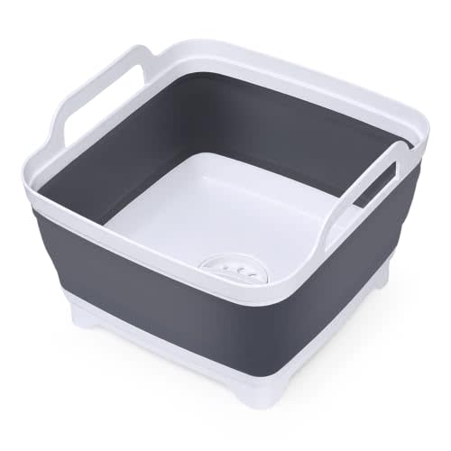 Collapsible Dish Basin, 9L/2.4 Gal Foldable Sink Tub with Drain | Collapsible Dish Basin with Drain Plug