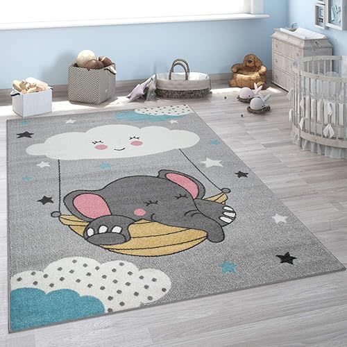 Paco Home Kid´s Rug for Nursery, Cloud and Elephant Motif in Grey, Size: 4'4" x 6'3"