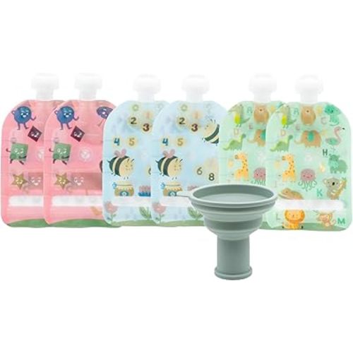 WeeSprout Double Zipper Reusable Food Pouches, Perfect for Babies & Toddlers, Freezer & Dishwasher Safe (Educational, 3.4 Fl Oz (Pack of 6) + Pouch Filler)